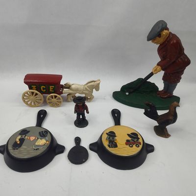 Sale Photo Thumbnail #437: Set Painted Cast Iron Wagon & Skillet