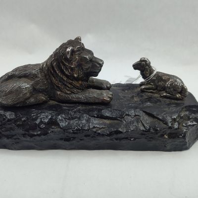 Sale Photo Thumbnail #332: Lion & Lamb Metal Sculpture on Stone
