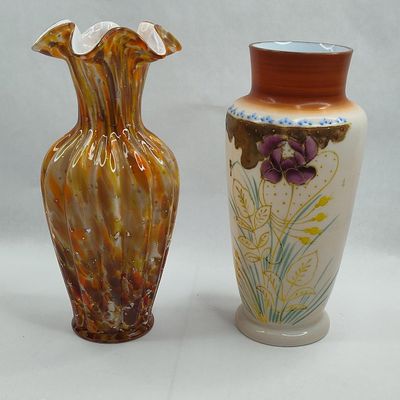 Sale Photo Thumbnail #133: Pair Glass Vases: Spatter & Cased Milk