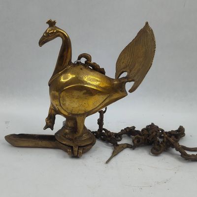 Sale Photo Thumbnail #230: Cast Brass Peacock Hanging Oil Lamp