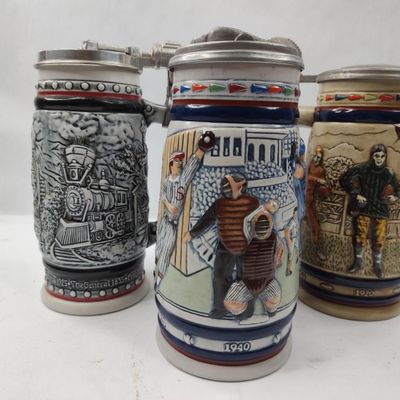 Sale Photo Thumbnail #94: Set 3 Ceramic Lidded Beer Steins