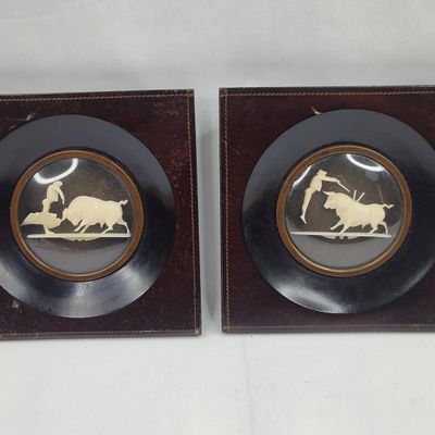 Sale Photo Thumbnail #333: Pair Spanish Carved Ivory Bull Dioramas