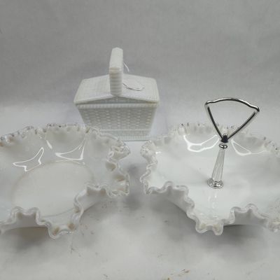 Sale Photo Thumbnail #156: Trio Milk Glass Tableware w/ Ruffles