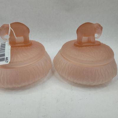Sale Photo Thumbnail #467: Pair Pink Glass Jars w/ Elephant