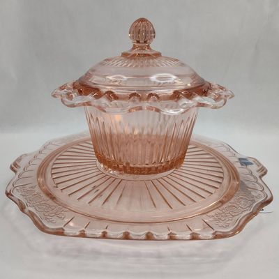 Sale Photo Thumbnail #203: Pair Pink Glass Sugar Bowl & Cake Plate