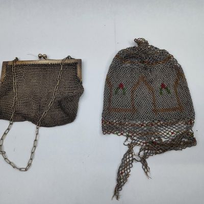 Sale Photo Thumbnail #478: Pair German Silver & Beaded Mesh Purses