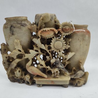 Sale Photo Thumbnail #370: A Carved Soapstone Trio of Vases