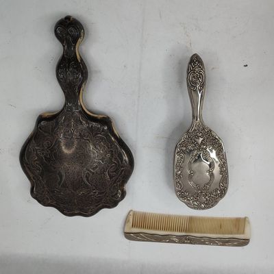Sale Photo Thumbnail #314: Silver Plated 3pc Repousse Vanity Set