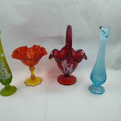 Sale Photo Thumbnail #209: Fenton Glass Basket & Hobnail Vase lot