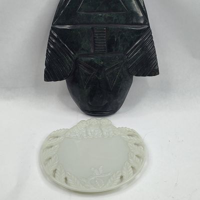 Sale Photo Thumbnail #477: Pair Carved Stone Mask & Monkey Tray