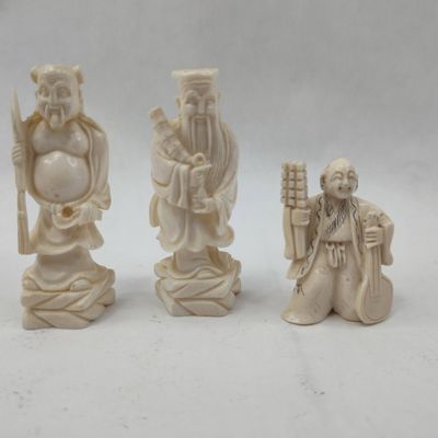 Sale Photo Thumbnail #337: Set 3 Carved Bone Figures w/ Netsuke