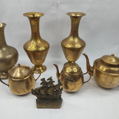 Sale Photo Thumbnail #46: Assorted Etched & Cast Brass Wares