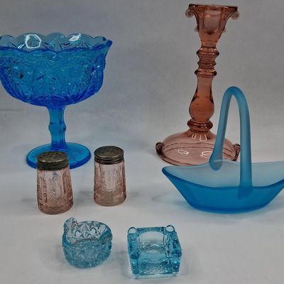 Sale Photo Thumbnail #506: Blue & Pink Pressed Glassware Set