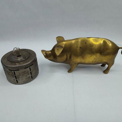 Sale Photo Thumbnail #393: Pair 20th C. Brass & Steel Coin Banks