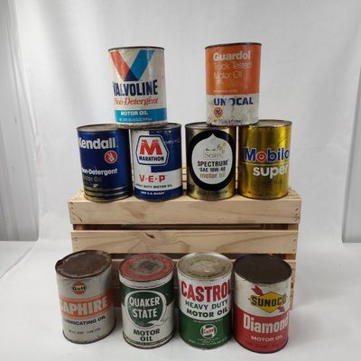 Sale Photo Thumbnail #113: Motor Oil Cans & Wooden Crate