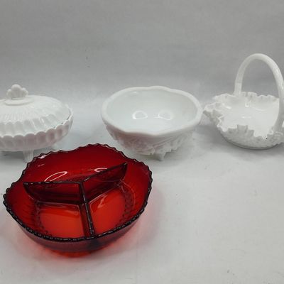 Sale Photo Thumbnail #88: Set American Milk & Ruby Glass Items