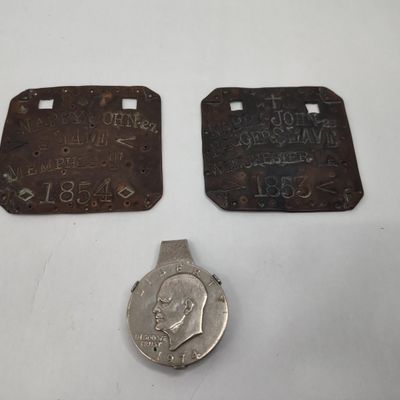 Sale Photo Thumbnail #192: 2 Copper Alloy Tags & 1974 Dollar Clip