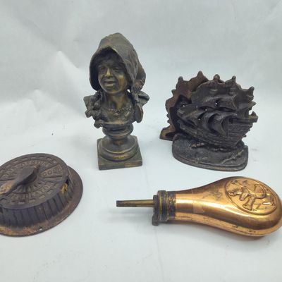 Sale Photo Thumbnail #85: Cast Metal Powder Flask & Plate