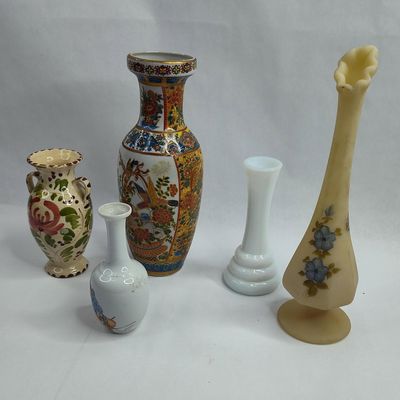 Sale Photo Thumbnail #277: Set 5 Ceramic & Glass Vases w/ Fenton