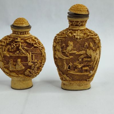 Sale Photo Thumbnail #289: Pair Landscape Carved Resin Snuff Btls