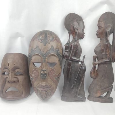 Sale Photo Thumbnail #62: Set Hand Carved Wood Wall Masks & Art
