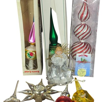 Sale Photo Thumbnail #22: An Assortment of Vintage and Modern Glass and Plastic Christmas Tree Toppers including Poland and Rauch Examples