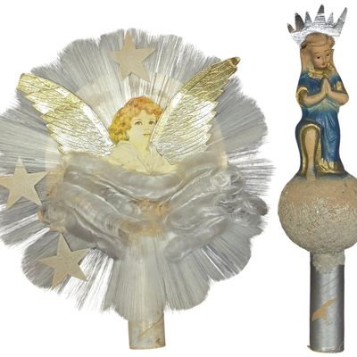 Sale Photo Thumbnail #102: A Pair of Vintage Christmas Tree Toppers Comprising a Spun Glass Angel and a Kneeling Religious Figure