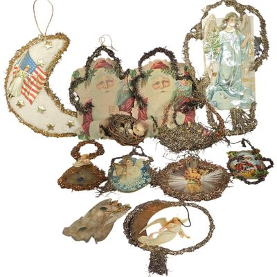 Sale Photo Thumbnail #103: Collection of Victorian and Edwardian Tinsel and Lithographic Scrap Christmas Ornaments
