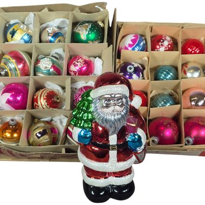 Sale Photo Thumbnail #61: An Assortment of Vintage Blown Glass Christmas Tree Ornaments in Original Packaging and a Large Standing Santa Claus Statue