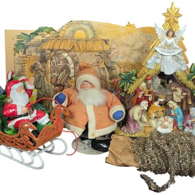 Sale Photo Thumbnail #93: A Collection of Vintage German and Mid-Century Christmas Decorations Including a Candy Container and Paper Lithograph Nativity