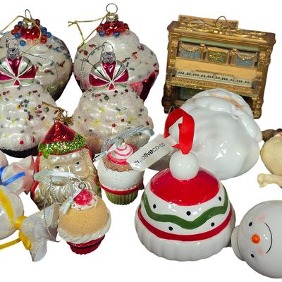 Sale Photo Thumbnail #82: An Assortment of Fourteen Holiday Ornaments Including Glass, Ceramic, and Resin Examples