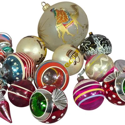 Sale Photo Thumbnail #11: Vintage Glass Christmas Ornaments Including a Large Frosted Camel Ball and Stenciled Examples