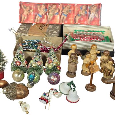 Sale Photo Thumbnail #78: An Assortment of Vintage Holiday Decorations Including Wooden Figurines and Ornaments
