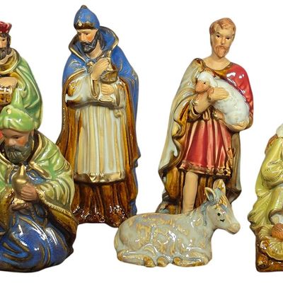 Sale Photo Thumbnail #92: High Gloss Glazed Ceramic Nativity Figurines with Gilded Accents