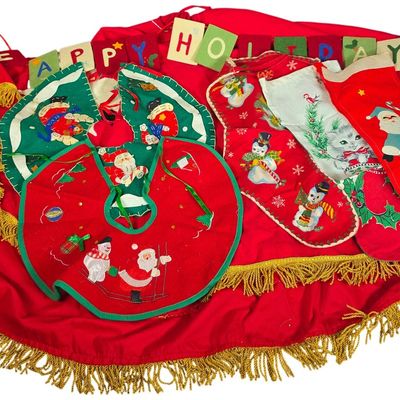 Sale Photo Thumbnail #86: Collection of Vintage Felt and Fabric Christmas Textiles Including Tree Skirts and Stockings