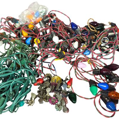 Sale Photo Thumbnail #33: An Assortment of Vintage Holiday String Lights with Glass Bulbs and Metal Accessories