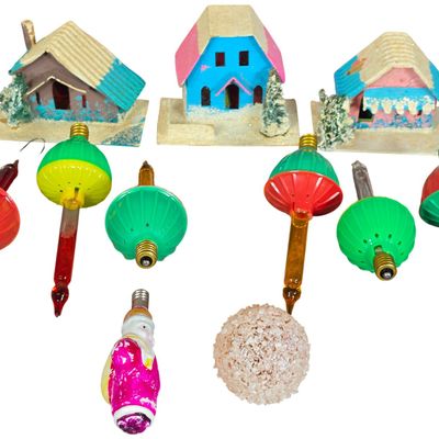 Sale Photo Thumbnail #57: A Collection of Vintage Christmas Cardboard Putz Houses and Bubble Light Bulbs