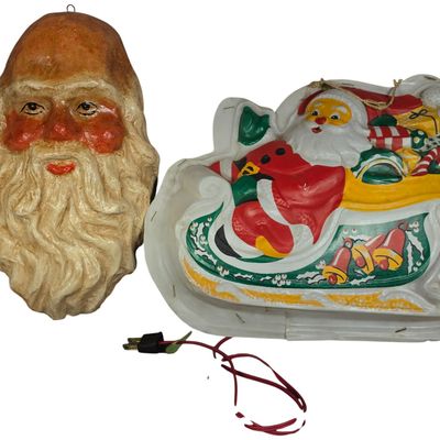 Sale Photo Thumbnail #12: Two Vintage Christmas Wall Decorations Including Molded Paper-Mache Santa Face and Lighted Vacuum-Formed Sleigh Plaque