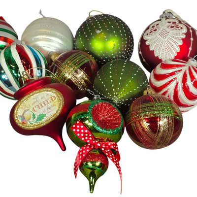 Sale Photo Thumbnail #66: An Assortment of Fourteen Decorative Glass and Plastic Christmas Ornaments