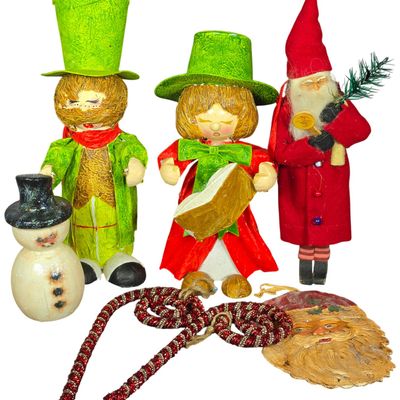 Sale Photo Thumbnail #71: An Assortment of Vintage Paper Mache and Composition Christmas Figurines and Ornaments