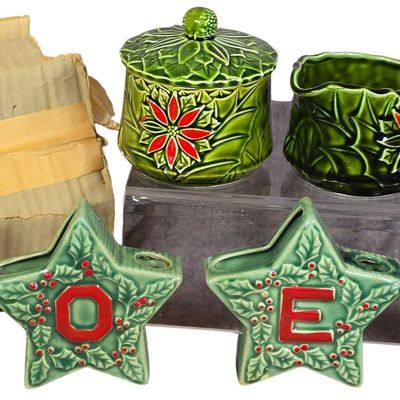 Sale Photo Thumbnail #58: A Set of Ceramic Noel Star Vases and an Enesco Poinsettia Creamer and Sugar Set