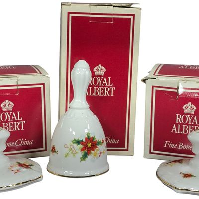 Sale Photo Thumbnail #50: A Trio of Royal Albert Poinsettia Pattern Bone China Tableware Including a Table Bell and Pair of Candlesticks