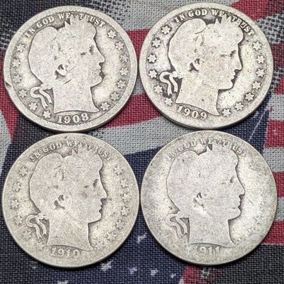 1908, 1909, 1910-D, & 1911-D Barber 90% Silver Quarters