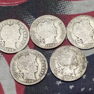 1898, 1902, 1906, 1914, & 1916 Barber 90% Silver Dimes
