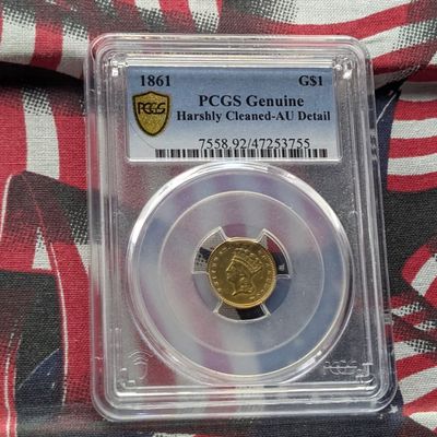 1861 Indian Head Type 3 90% Gold Dollar PCGS Genuine Harshly Cleaned w/ AU Details