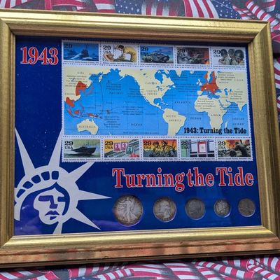 1943 WWII Turning The Tide 5 Type Coin Collectors Set & 29 Cent Stamps In Gold Frame - Includes (3) 90% Silver Coins & (1) 35%...