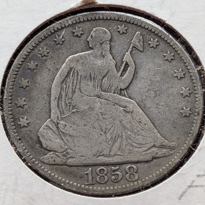 1858 Seated Liberty 90% Silver Half Dollar - F