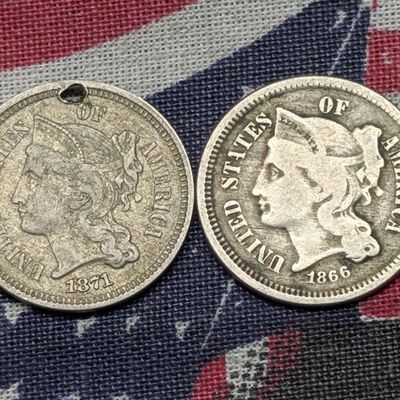 1866 & 1871 Three Cent Nickels - 1871 Is Holed