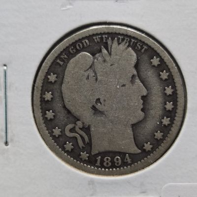 1894-S Barber 90% Silver Quarter - VG
