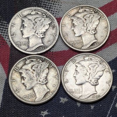 1939-D, 1941, & (2) 1945 Mercury 90% Silver Dimes